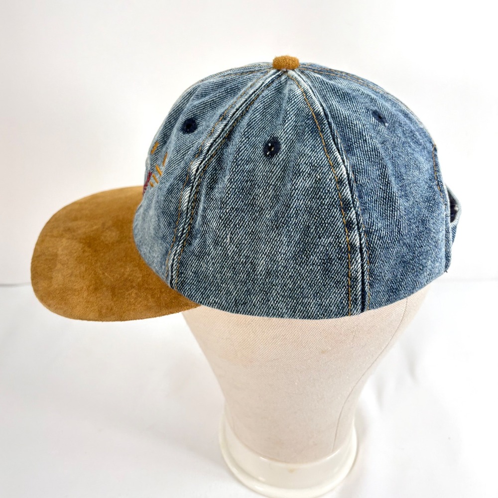 Vintage 90s Vail Colorado Hat Blue Denim Brown Suede Brim Cap Color Block Acid W - Picture 4 of 9